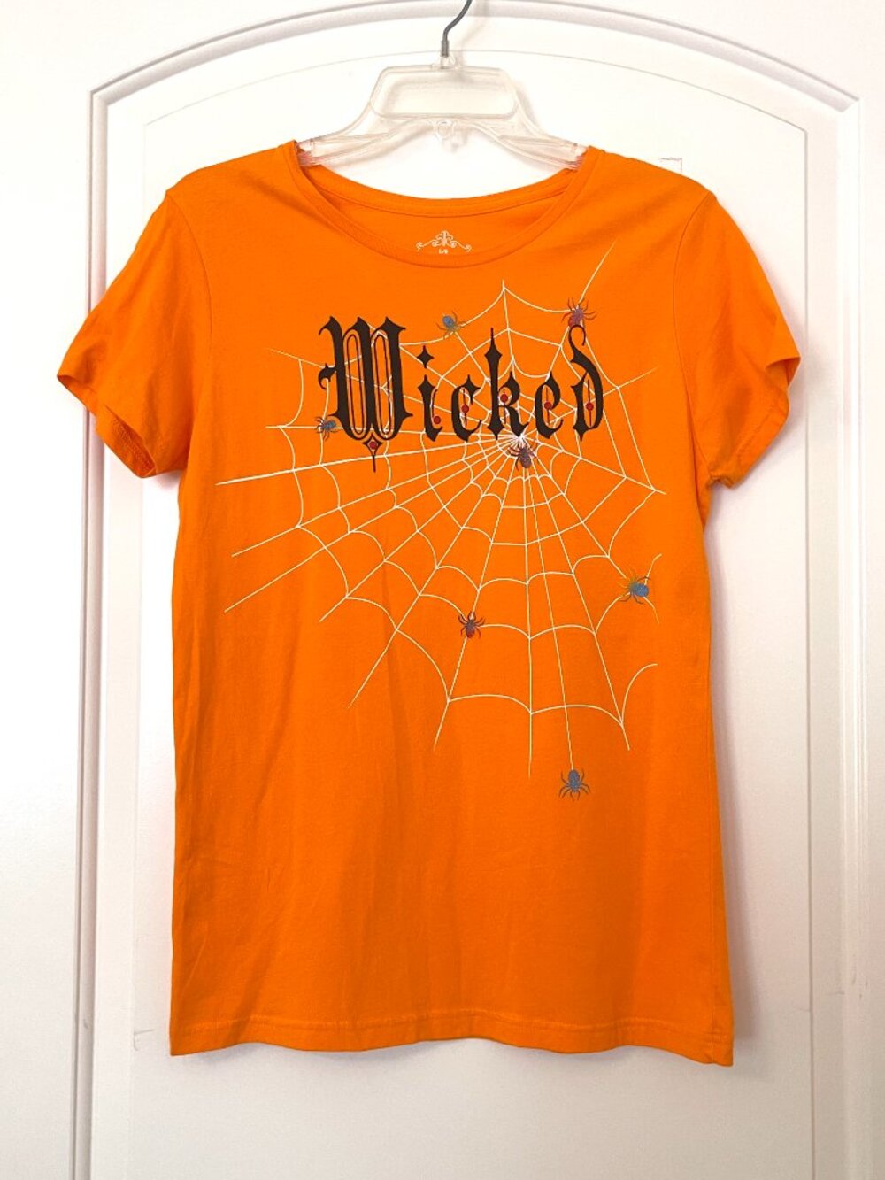 Wicked Halloween Tee Shirt Top Large Spiders Web Orange Black Large